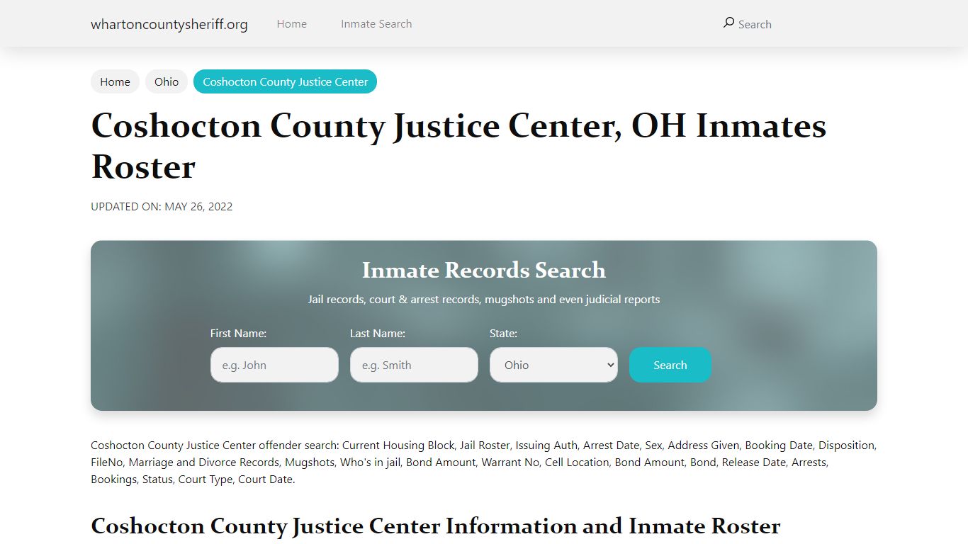 Coshocton County Justice Center, OH Jail Roster, Name Search
